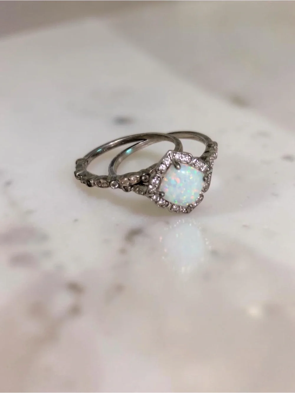 Sterling Silver Lab Opal CZ Halo Engagement Wedding Ring Set 2 Piece Sz 8 White